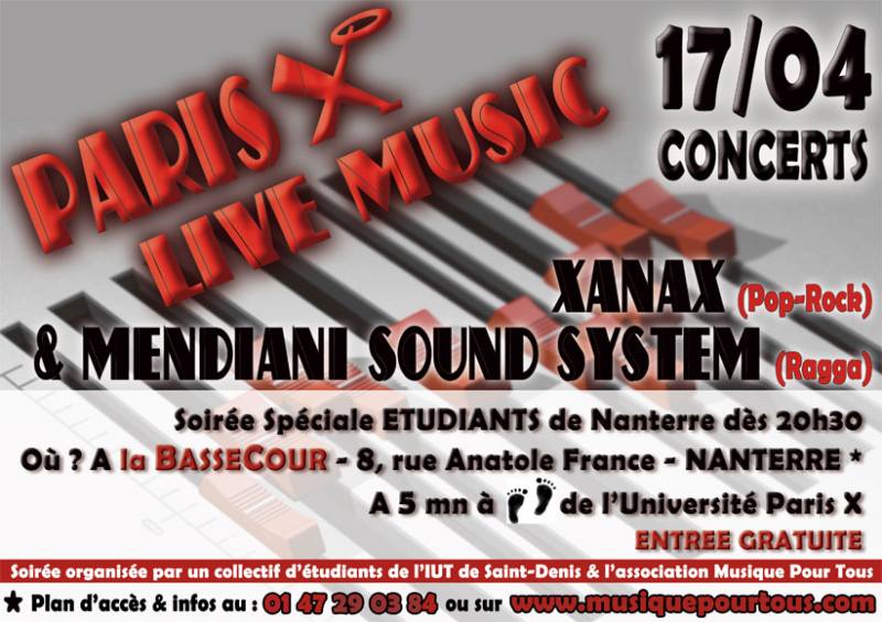 Soirée « Paris X Live Music » avec Xanax (Pop-Rock) + Mendiani Sound System (Ragga)